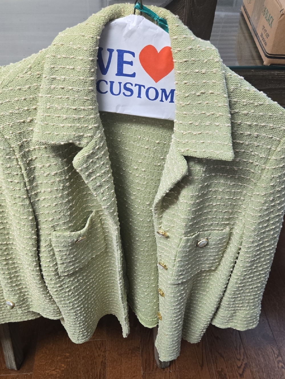 St. John Light Green Textured Tweed Jacket with Gold Buttons